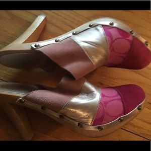 Coach suede and leather high heeled clogs